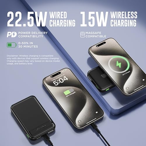 URBN Wireless Power Bank for iPhone, 10000mAh MagSafe Charging with Stand, 22.5W QC+PD Output, Strong Magnetic, for iPhone 12 &amp; Above, Android &amp; Other Qi Enabled Devices (Black)