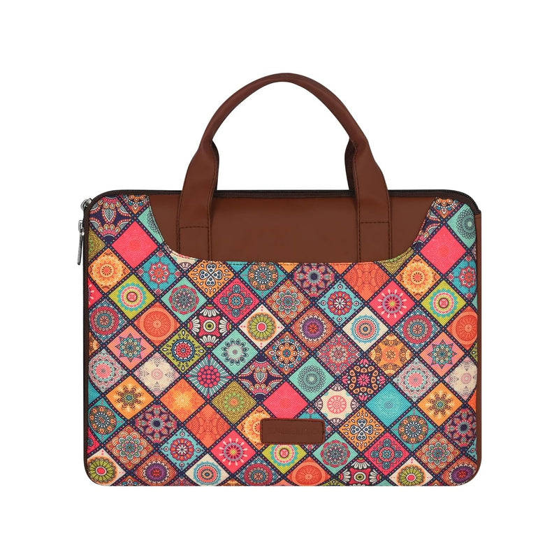 Tabelito Designer Printed Laptop Sleeve for Women (13–15.6 Inch) | Jute & Vegan Leather Office Handbag | Lightweight Stylish Work Bag with Handle