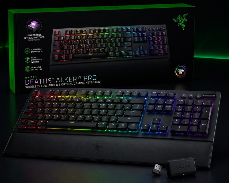 RAZER DEATHSTALKER V2 PRO - WIRELESS LOW PROFILE OPTICAL GAMING KEYBOARD (CLICKY PURPLE SWITCH) RZ03-04361800-R3M1
