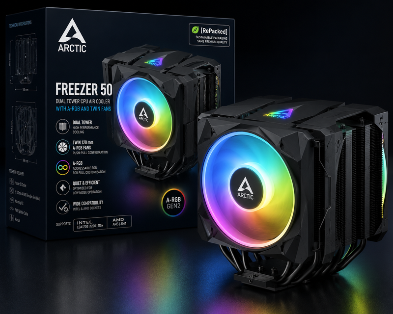 [RePacked] ARCTIC Freezer 50 Dual Tower CPU Air Cooler with A-RGB and Twin Fans