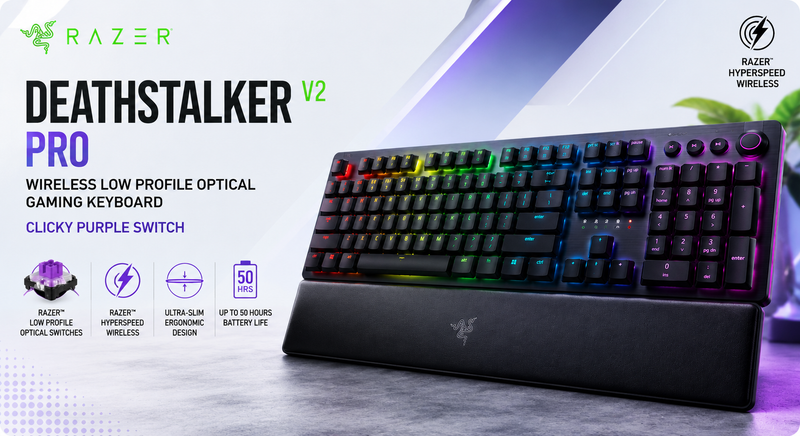 RAZER DEATHSTALKER V2 PRO - WIRELESS LOW PROFILE OPTICAL GAMING KEYBOARD (CLICKY PURPLE SWITCH) RZ03-04361800-R3M1