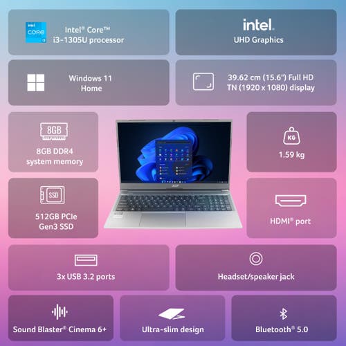 ACER ASPIRE LITE AL15 - 53 UN.34ESI.005 [CI3 - 1305U/8GB/512GB SSD/WIN11 HOME+MS24/15.6"/INTEGRATED GRAPHICS/1 YEAR(S)/GREY] - SWIFT PERIPHERALS1096708