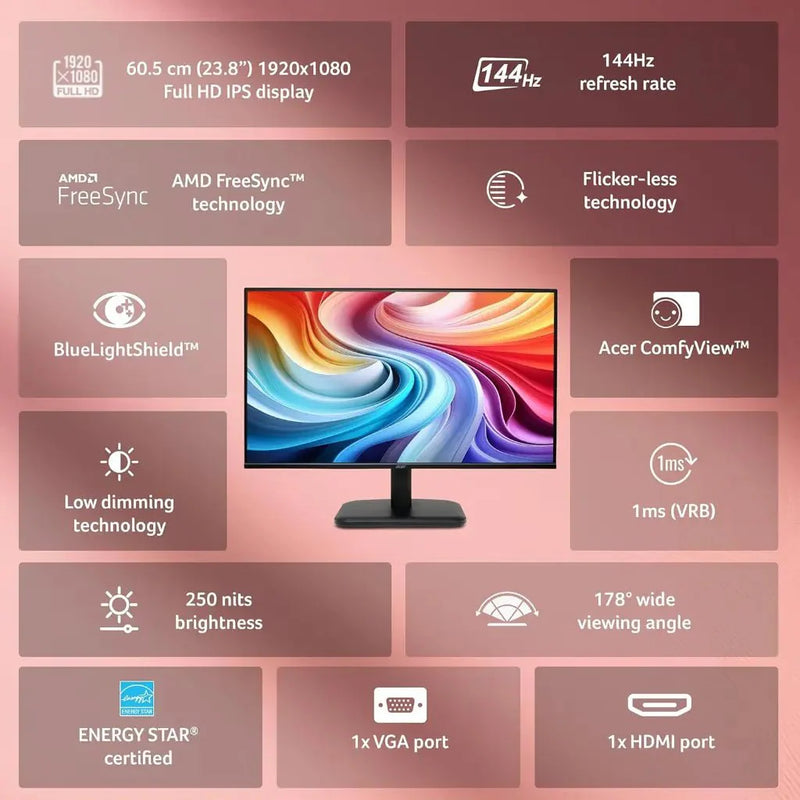 Acer EK240Y P6 23.8" 144Hz 1ms Full HD IPS LED Monitor HDMI & VGA Ports - SWIFT PERIPHERALSEK240Y-P6