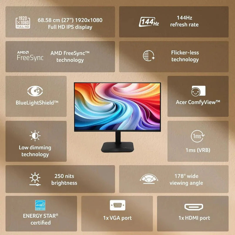 Acer KA270 P6 27" 144Hz 1ms Full HD IPS Monitor Built - in Stereo Speakers - SWIFT PERIPHERALSKA270-P6