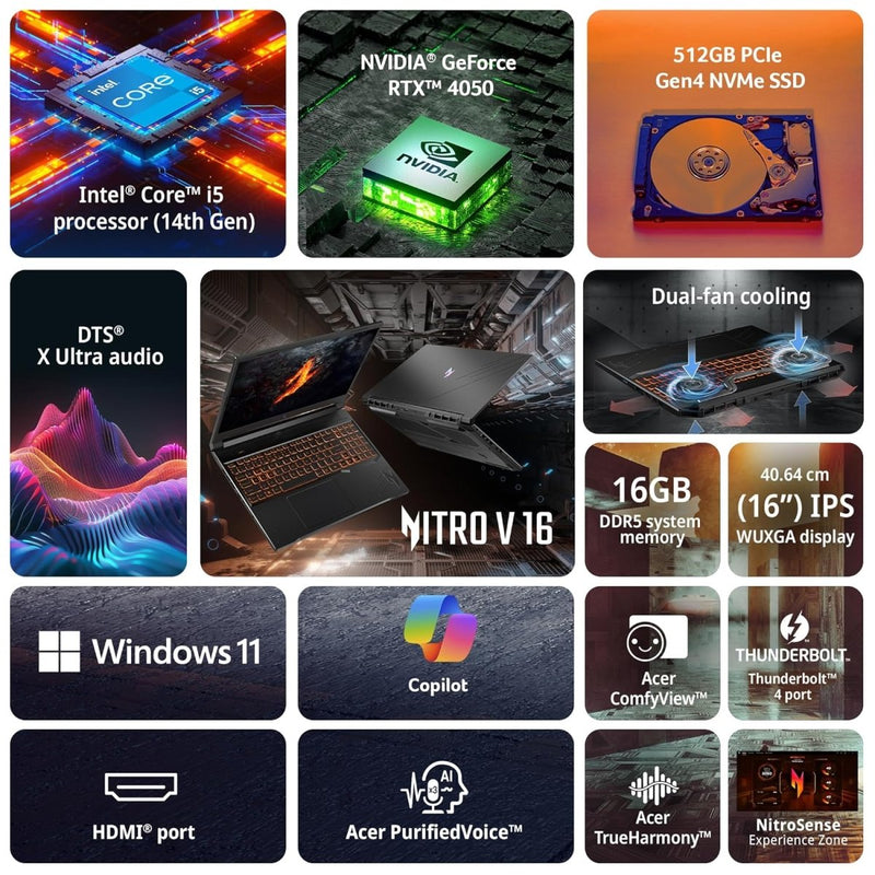 ACER NITRO V 16 ANV16 - 71 NH.QTNSI.003 GAMING LAPTOP (14TH GEN CORE I5 / 16GB/ 512GB SSD/ WIN11/ 6GB RTX 4050 GRAPH) - SWIFT PERIPHERALSAcerlaptop019