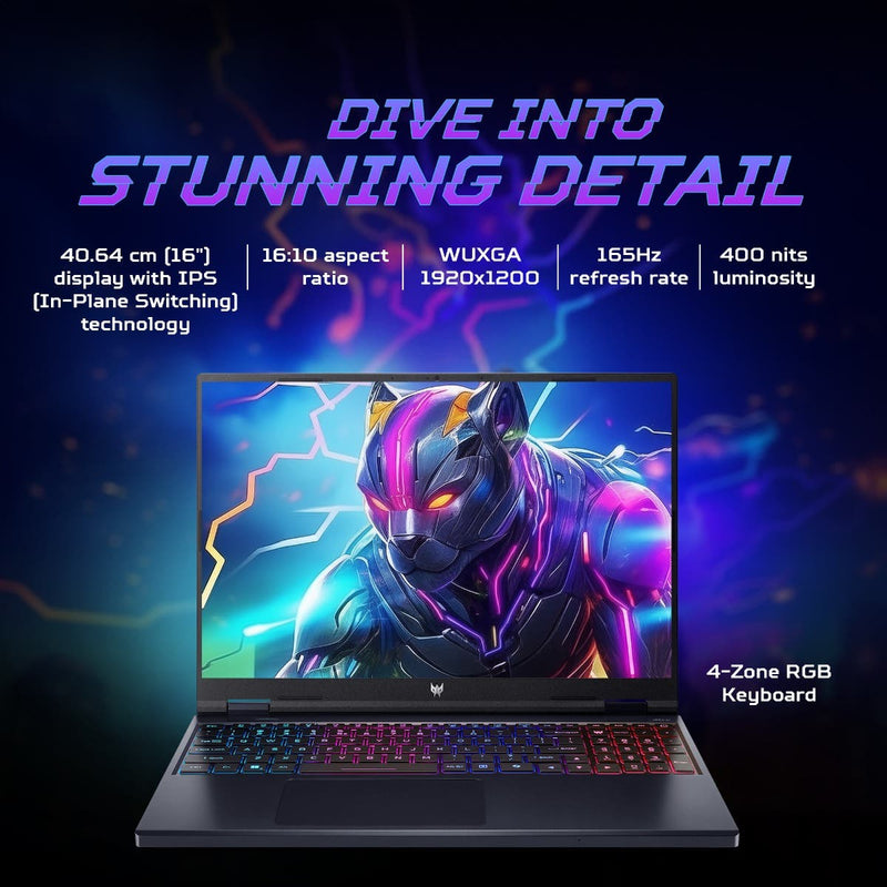 ACER PREDATOR HELIOS NEO 16, GAMING LAPTOP, INTEL CORE I7 14TH GEN - 14700HX PROCESSOR, NVIDIA GEFORCE RTX 4050 - 6 GB GDDR6(16 GB RAM/1 TB GB SSD) WUXGA IPS DISPLAY , 16"/ 40.6 CM, 165 HZ, WIN 11 HOME, ABYSSAL BLACK, 2.8 KG, PHN16 - 72 UN.QNPSI.007 - SWIFT PERIPHERALS1093382