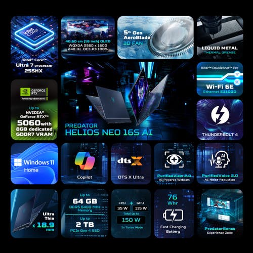 ACER PREDATOR HELIOS NEO 16S OLED AI NH.QX9SI.001 [ULTRA7 - 255HX/16GB/1TB SSD/WIN11 HOME/16.0"/8GB - RTX5060 GRAPHICS/1 YEAR(S)/BLACK] - SWIFT PERIPHERALS1094669