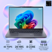 ACER SWIFT GO 14 AI NX.KYXSI.001 [X1P - X PLUS SNAPDRAGON/16GB/512GB SSD/WIN11 HOME+MSO/14.0 INCH/INTEGRATED GRAPHICS /1 YEAR(S)/GREY] - SWIFT PERIPHERALS1092084