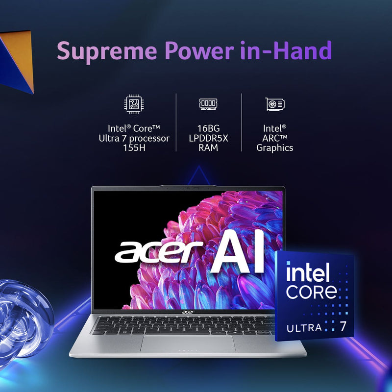 ACER SWIFT GO 14 IPS DISPLAY THIN AND LIGHT PREMIUM LAPTOP INTEL CORE ULTRA 7 PROCESSOR 155H (WINDOWS 11 HOME/16 GB/ 1 TB SSD/INTEL ARC GRAPHICS/MICROSOFT OFFICE) SFG14 - 73T WITH 35.56 CM (14 INCH), PURE SILVER NX.KSMSI.003 - SWIFT PERIPHERALSNX.KSMSI.003