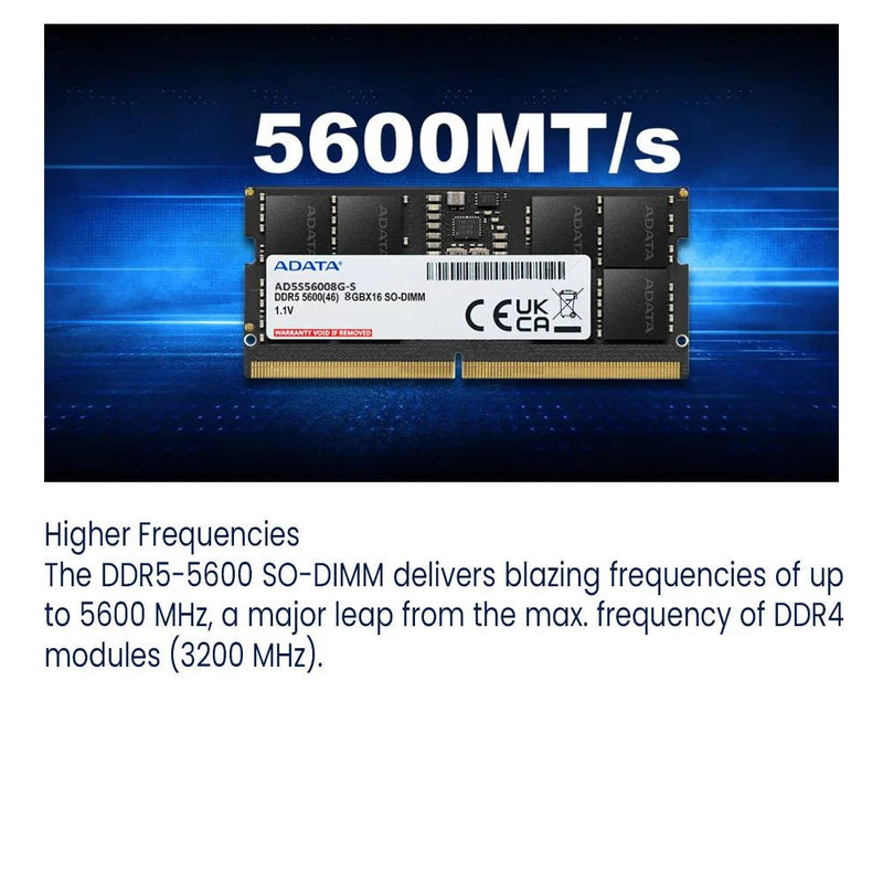 ADATA 8GB DDR5 RAM 5600MHz CL46 262 Pin SO - DIMM Laptop Memory Module - SWIFT PERIPHERALSAD5S56008G-S