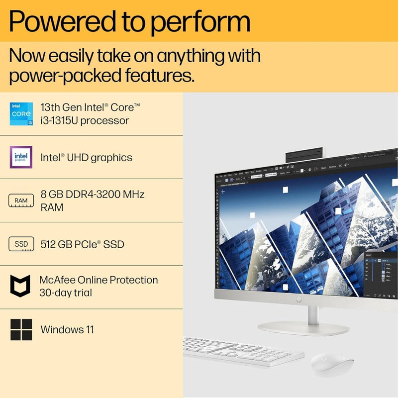 AIO HP 27 CR0345IN [CI3 - 1315U 13TH GEN/8GB/512GB SSD/WIN11 HOME+MSO/27.0 INCH/INTEGRATED GRAPHICS /1 YEAR(S)//WHITE] - SWIFT PERIPHERALS1090105