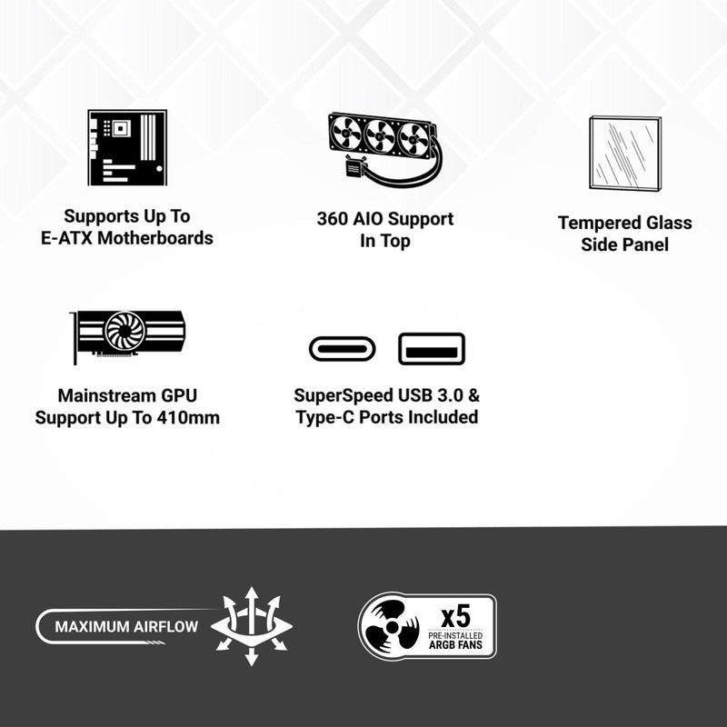 ANT ESPORTS 511 AIR 5F MID TOWER (E - ATX/ATX/M - ATX/M - ITX) BLACK CABINET 2X120MM 3X140MM FANS - SWIFT PERIPHERALSAESP0371