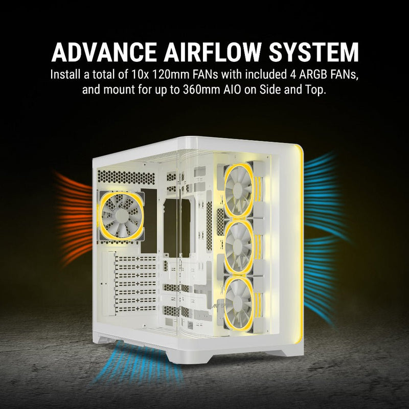 Ant Esports Crystal ARC Gaming Mid Tower Case - White - SWIFT PERIPHERALSAESP0359