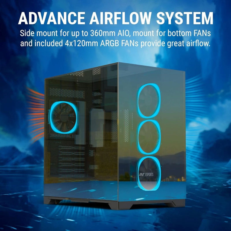 ANT ESPORTS CRYSTAL MIRROR ATX MID TOWER CASE BLACK - SWIFT PERIPHERALS1093205