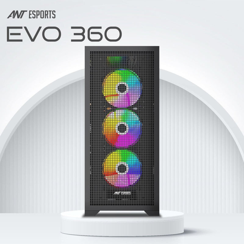 ANT ESPORTS EVO 360 MID TOWER (ATX/M - ATX/M - ITX) BLACK CABINET 3X120MM FANS - SWIFT PERIPHERALSAESP0365