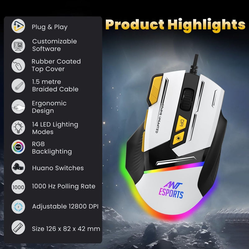 ANT ESPORTS GM333 RGB WIRED HIGH END OPTICAL ERGONOMIC GAMING MOUSE BLACK/GREY/YELLOW - SWIFT PERIPHERALSAEPP0242