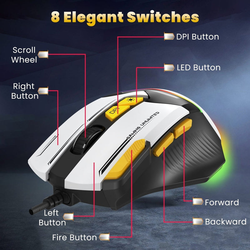 ANT ESPORTS GM333 RGB WIRED HIGH END OPTICAL ERGONOMIC GAMING MOUSE BLACK/GREY/YELLOW - SWIFT PERIPHERALSAEPP0242