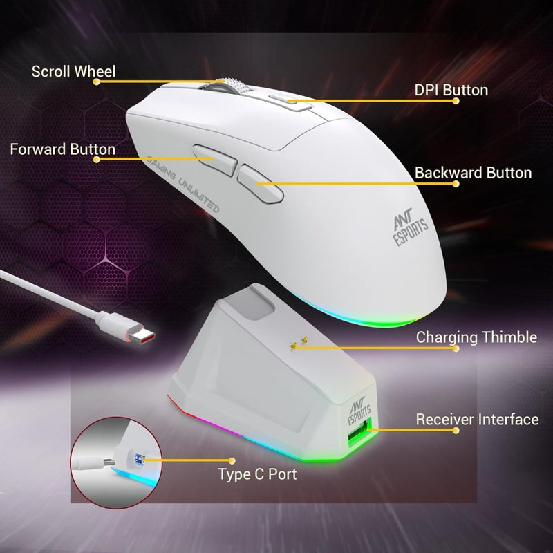 ANT ESPORTS GM810 PRO WIRELESS OPTICAL GAMING MOUSE 7200 DPI 2.4G BLUETOOTH - WHITE - SWIFT PERIPHERALSAEPP0245