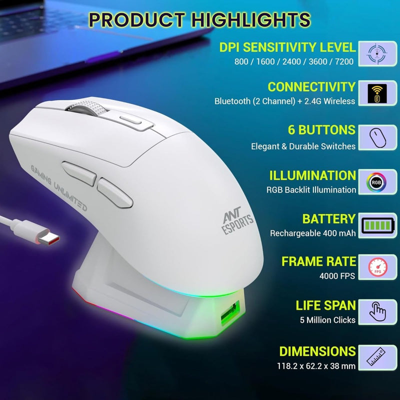 ANT ESPORTS GM810 PRO WIRELESS OPTICAL GAMING MOUSE 7200 DPI 2.4G BLUETOOTH - WHITE - SWIFT PERIPHERALSAEPP0245