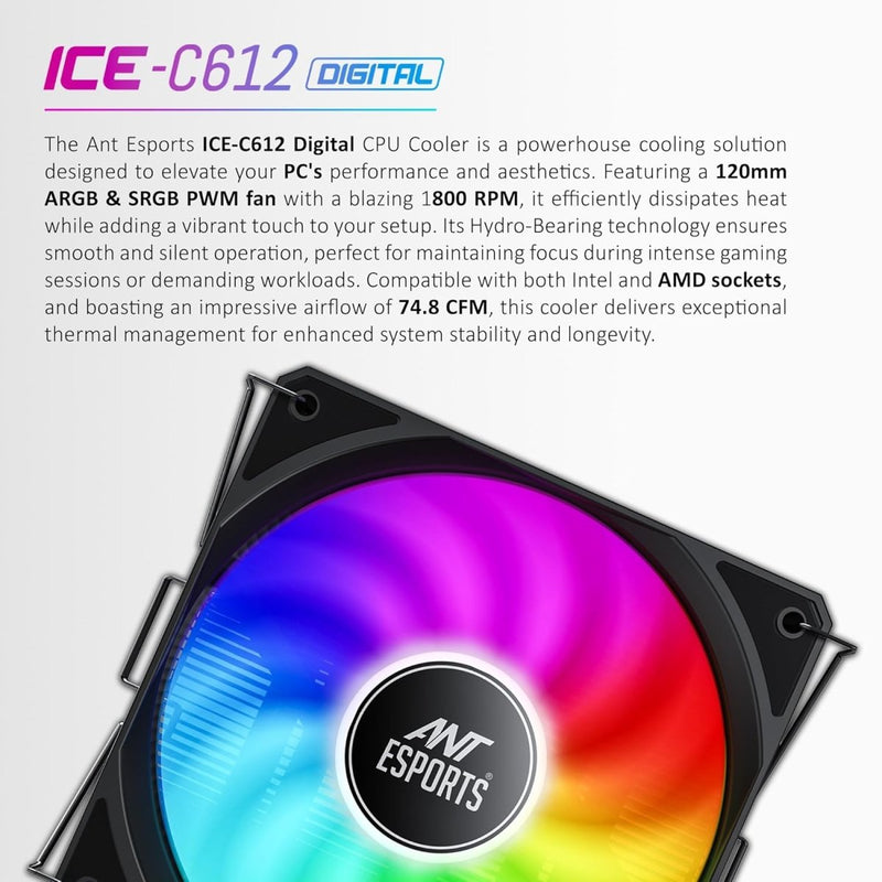 ANT ESPORTS ICE - C612 DIGITAL ARGB 120MM CPU AIR COOLER - SWIFT PERIPHERALS1090104