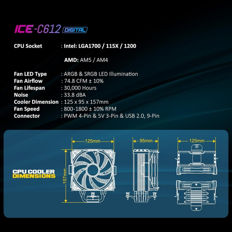 ANT ESPORTS ICE - C612 DIGITAL ARGB 120MM CPU AIR COOLER - SWIFT PERIPHERALS1090104