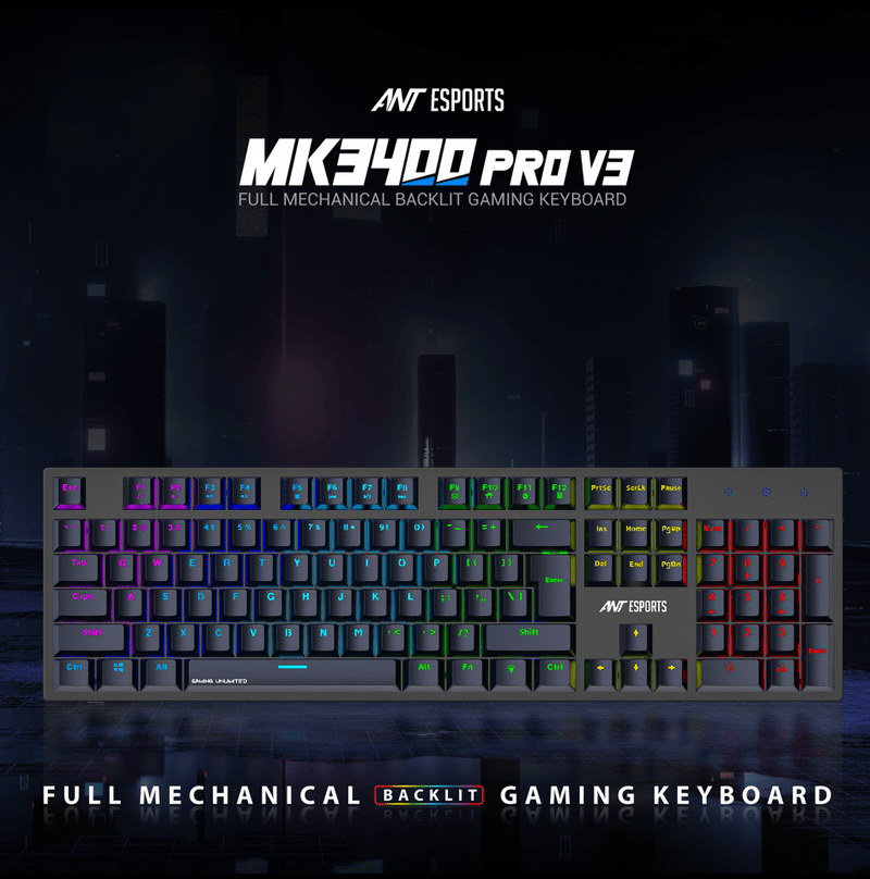 ANT ESPORTS MK3400 PRO V3 MECHANICAL GAMING KEYBOARD - BLACK (BIS.R - 41179400) - SWIFT PERIPHERALSAESP0050