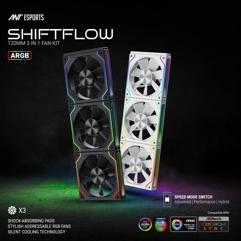 ANT ESPORTS SHIFTFLOW 120MM 3 IN 1 ARGB CASE FAN KIT BLACK - SWIFT PERIPHERALS1091936