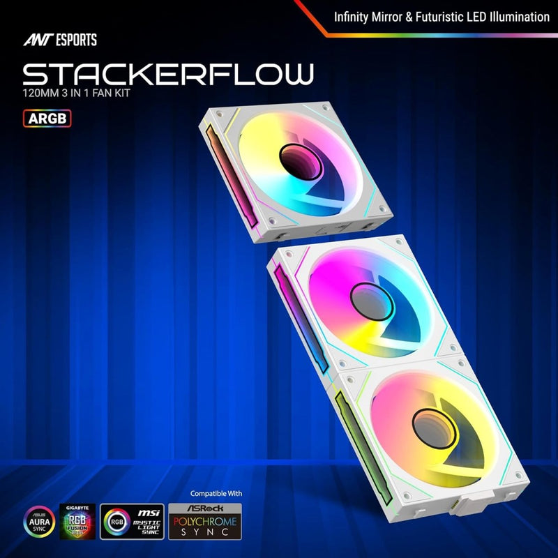 ANT ESPORTS STACKERFLOW KIT 120MM 3 - IN - 1 CASE FAN KIT ARGB (WHITE) - SWIFT PERIPHERALS1091935