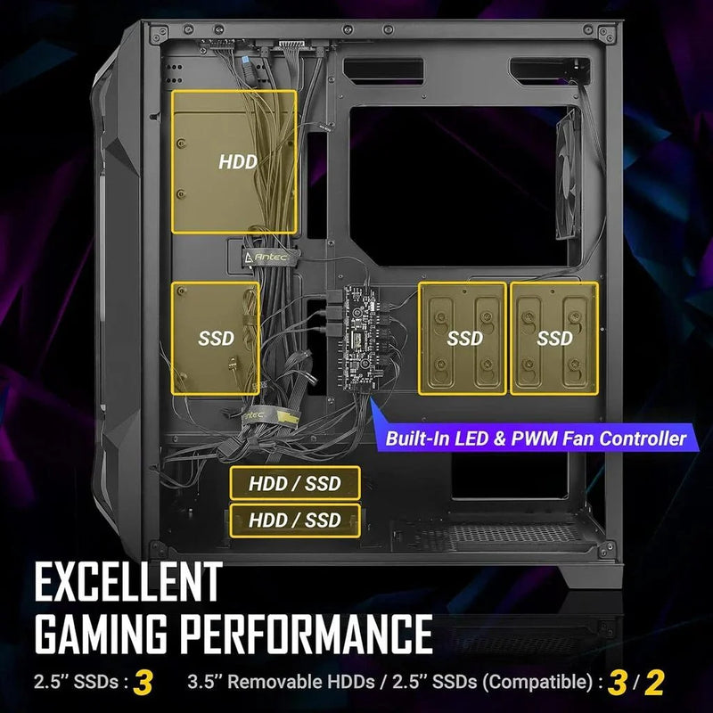 Antec DF600 Flux ARGB Tempered Glass Side Panel ATX Mid Tower Gaming Cabinet - Black - SWIFT PERIPHERALS‎DF600-FLUX