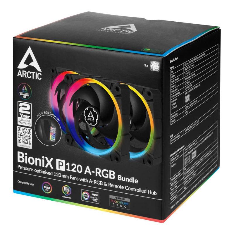 ARCTIC BioniX P120 A - RGB PWM 120mm CPU Case Cooling Fan Pack of 3 with Controller - SWIFT PERIPHERALSACFAN00156A