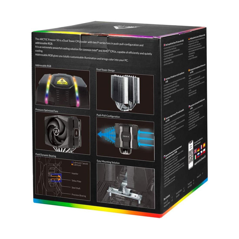 ARCTIC Freezer 50 Dual Tower CPU Air Cooler with Included A - RGB Controller and Twin Fans - SWIFT PERIPHERALSACFRE00080A