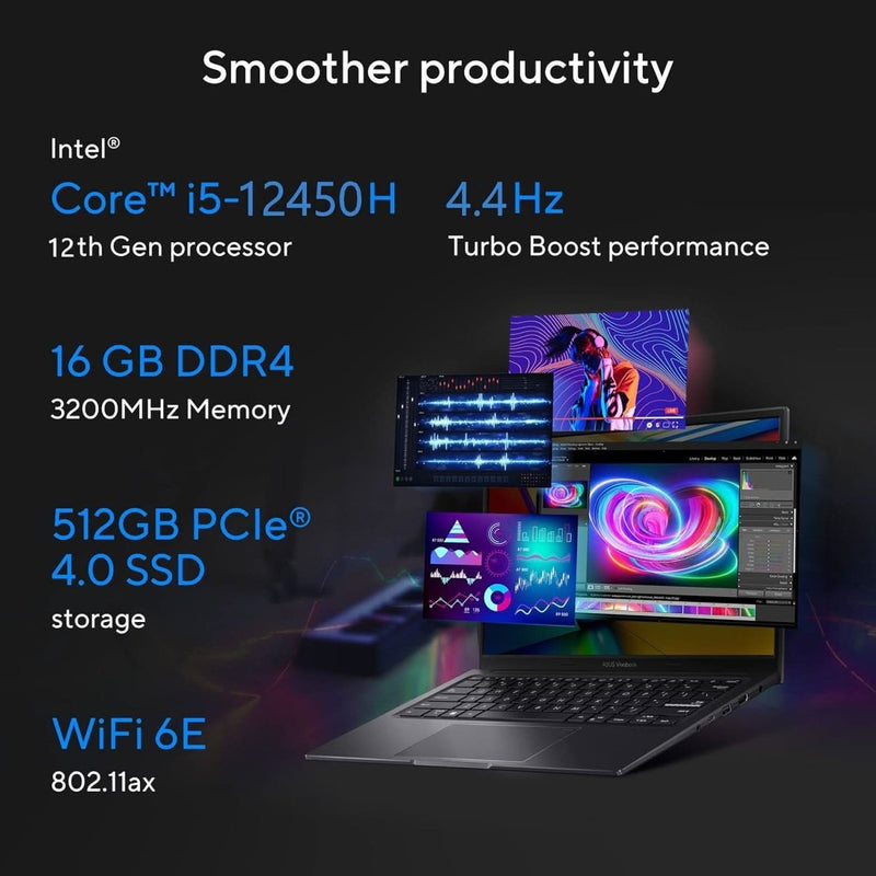 ASUS CREATOR SERIES VIVOBOOK 14X OLED 2023, INTEL CORE I5 - 12450H 12TH GEN, 14.0 - INCH 90HZ, CREATOR/GAMING LAPTOP (16GB/512GB SSD/NVIDIA GEFORCE RTX 2050/WIN11/FP/63WHR/BLACK/1.40 KG),K3405ZFB - KM541WS - SWIFT PERIPHERALS90NB11H1-M004H0