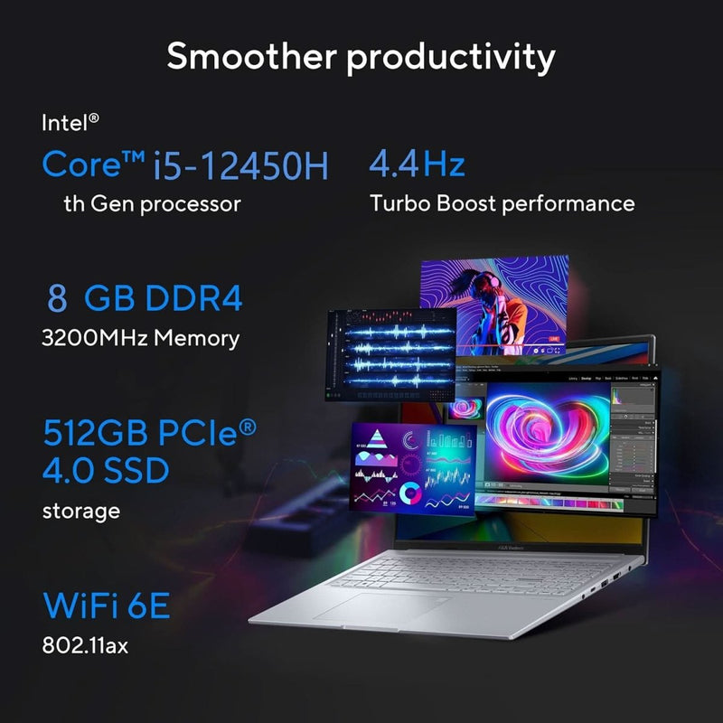 ASUS CREATOR SERIES VIVOBOOK 16X (2023), INTEL CORE I5 - 12450H 12TH GEN, 16 INCH (40.64 CM) FHD+, CREATOR/GAMING LAPTOP (8GB/512GB/4GB RTX 2050/WIN11/OFFICE 2021/FP/SILVER/1.8 KG), K3605ZF - MBN524WS - SWIFT PERIPHERALS90NB11E2-M008M0