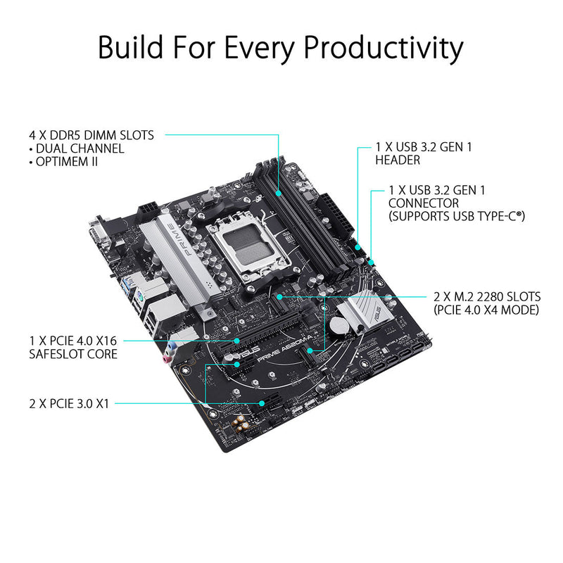 ASUS PRIME A620M - A AMD A620 AM5 Micro - ATX Motherboard - SWIFT PERIPHERALS90MB1F10-M0IAY0