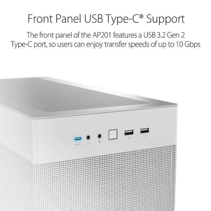 ASUS Prime AP201 Micro - ATX White Cabinet with Pre - installed 120mm Fan and USB Type - C - SWIFT PERIPHERALS90DC00G3-B30000