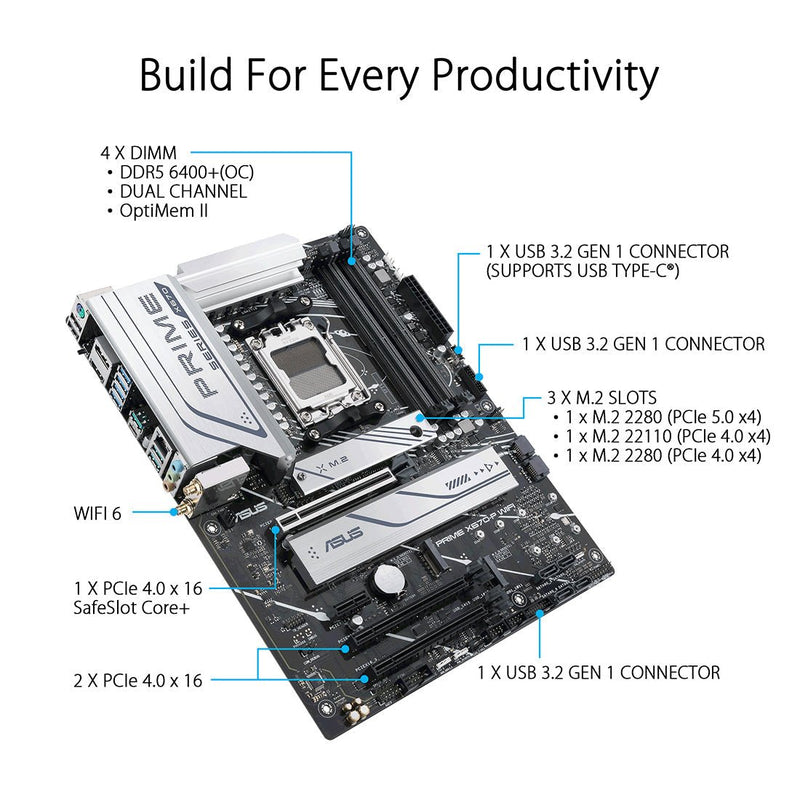ASUS PRIME X670 - P WIFI CSM AMD Socket AM5 ATX Motherboard with DDR5 and PCIe 5.0 - SWIFT PERIPHERALS90MB1BL0-M0UAYC