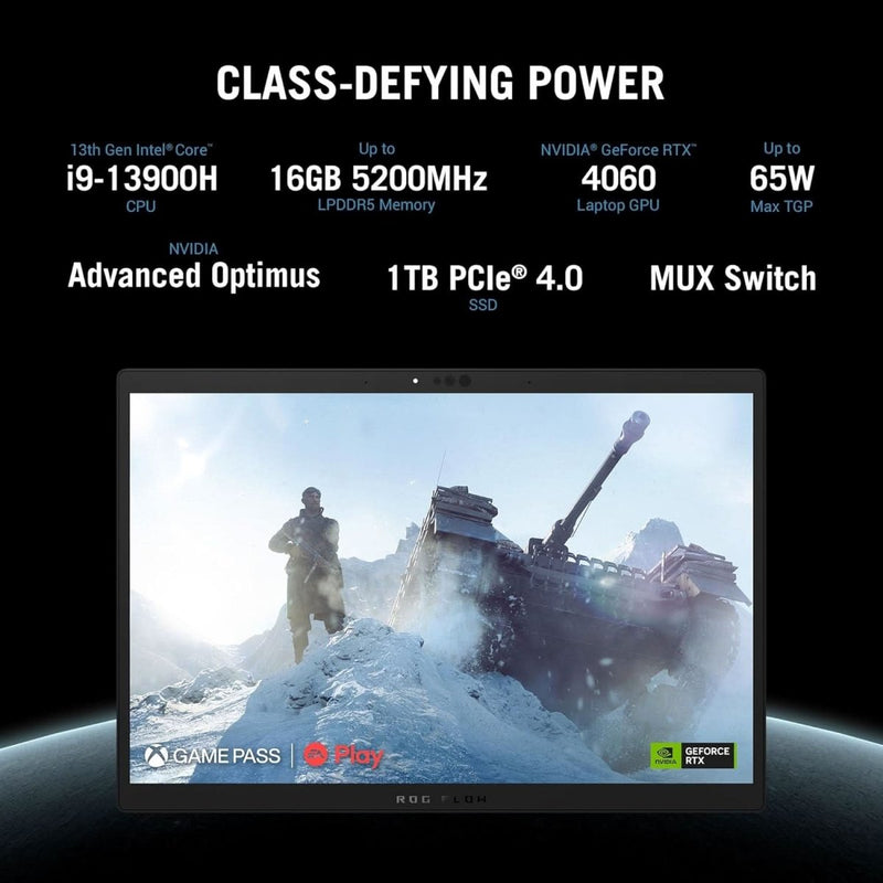 ASUS ROG FLOW Z13 (2023) 56WHR BATTERY, INTEL CORE I9 - 13900H 13TH GEN, 13.4 INCH QHD+ 165HZ, 8GB RTX 4060, 2 - IN - 1 GAMING LAPTOP (16GB/1TB SSD/WINDOWS 11/OFFICE 2021/BLACK/1.18 KG), GZ301VV - MU014WS - SWIFT PERIPHERALS90NR0BH1-M001A0