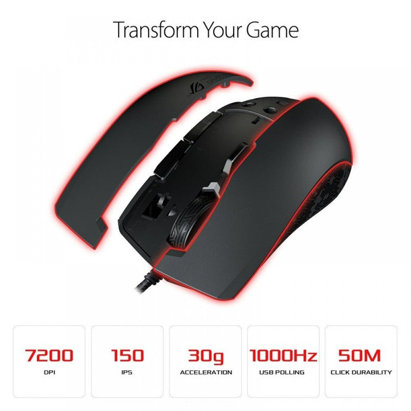 ASUS ROG STRIX Evolve Optical Wired RGB Gaming Mouse with 7200 DPI and Changeable Cover - SWIFT PERIPHERALS90MP00J0-B0UA00