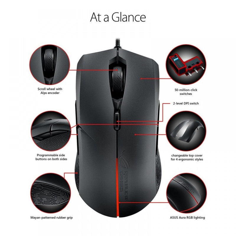 ASUS ROG STRIX Evolve Optical Wired RGB Gaming Mouse with 7200 DPI and Changeable Cover - SWIFT PERIPHERALS90MP00J0-B0UA00