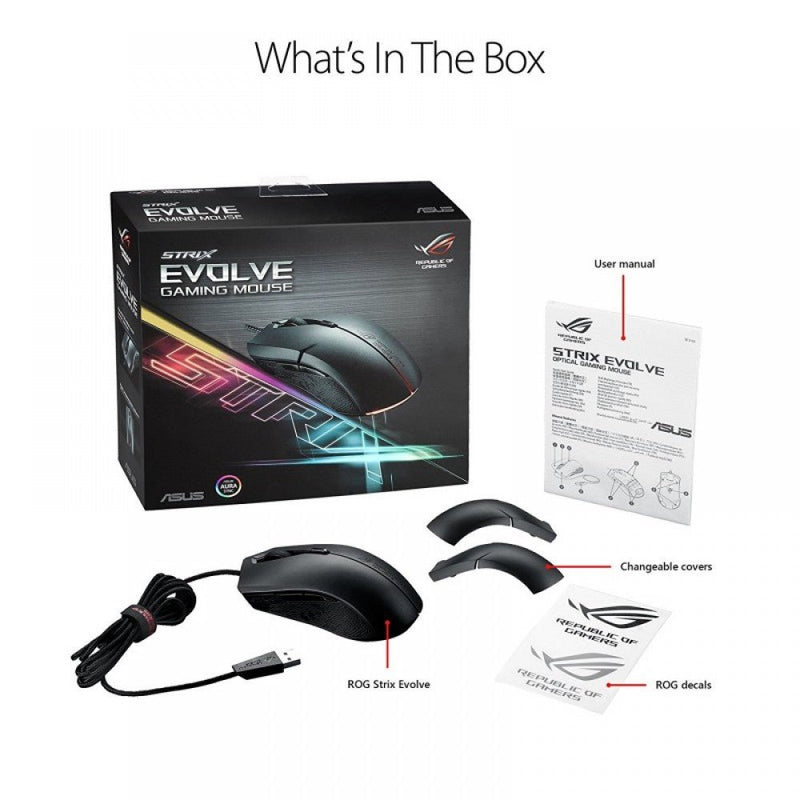 ASUS ROG STRIX Evolve Optical Wired RGB Gaming Mouse with 7200 DPI and Changeable Cover - SWIFT PERIPHERALS90MP00J0-B0UA00