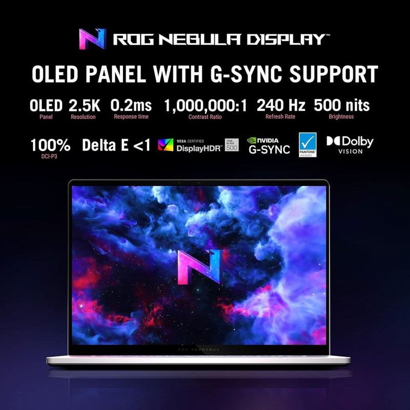 ASUS ROG ZEPHYRUS G16, GAMING LAPTOP, 16 INCH 2.5K OLED ROG NEBULA DISPLAY, 240HZ 500 NITS, AMD RYZEN AI 9 HX 370 (32GB RAM/2TB SSD/RTX 4070/WIN 11/OFFICE 2021/PLATINUM WHITE/1.85 KG), GA605WI - QR067WS - SWIFT PERIPHERALS90NR0J92-M00310