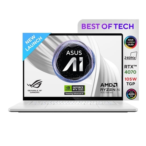 ASUS ROG ZEPHYRUS G16, GAMING LAPTOP, 16 INCH 2.5K OLED ROG NEBULA DISPLAY, 240HZ 500 NITS, AMD RYZEN AI 9 HX 370 (32GB RAM/2TB SSD/RTX 4070/WIN 11/OFFICE 2021/PLATINUM WHITE/1.85 KG), GA605WI - QR067WS - SWIFT PERIPHERALS90NR0J92-M00310