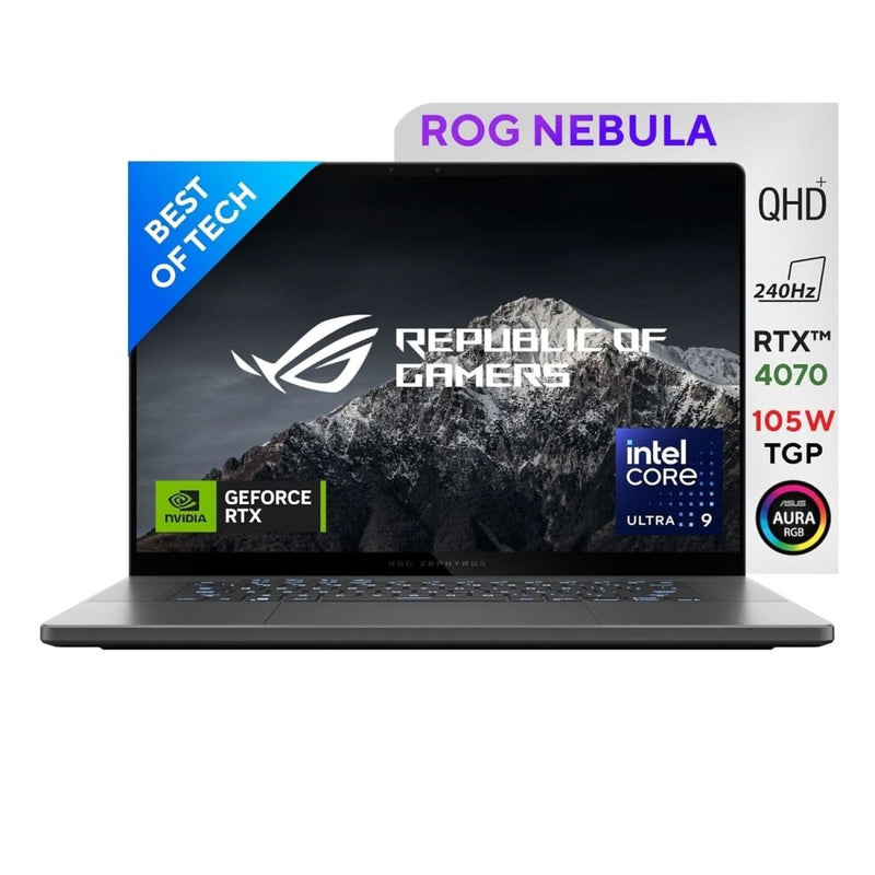 ASUS ROG ZEPHYRUS G16, GAMING LAPTOP, INTEL CORE ULTRA 9 185H, BUILT - IN AI, NVIDIA GEFORCE RTX 4070,16 INCH 2.5K QHD+ (40.64CM) 240HZ (32GB/1TB SSD/WIN 11/OFFICE 2021/GREY/1.85 KG), GU605MI - QP253WS - SWIFT PERIPHERALS90NR0IS3-M00CV0