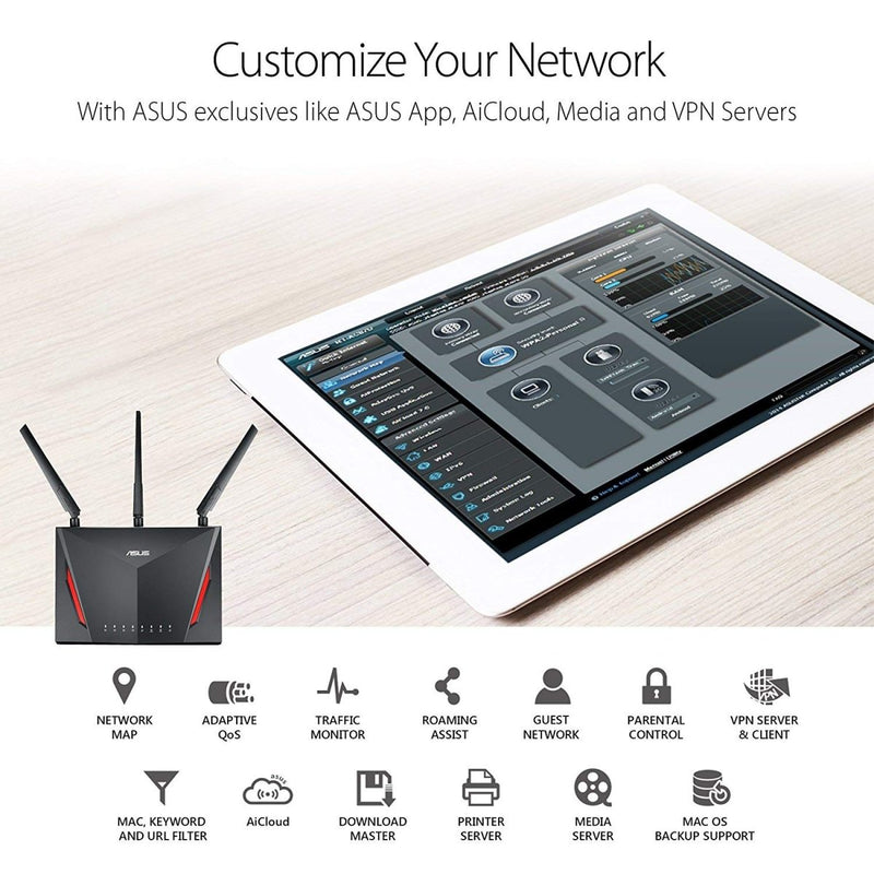 ASUS RT - AC86U AC2900 Dual Band Gigabit Gaming WiFi Router with MU - MIMO AiMesh AiProtection and WTFast game accelerator - SWIFT PERIPHERALSASUS-RT-AC86U-AC2900