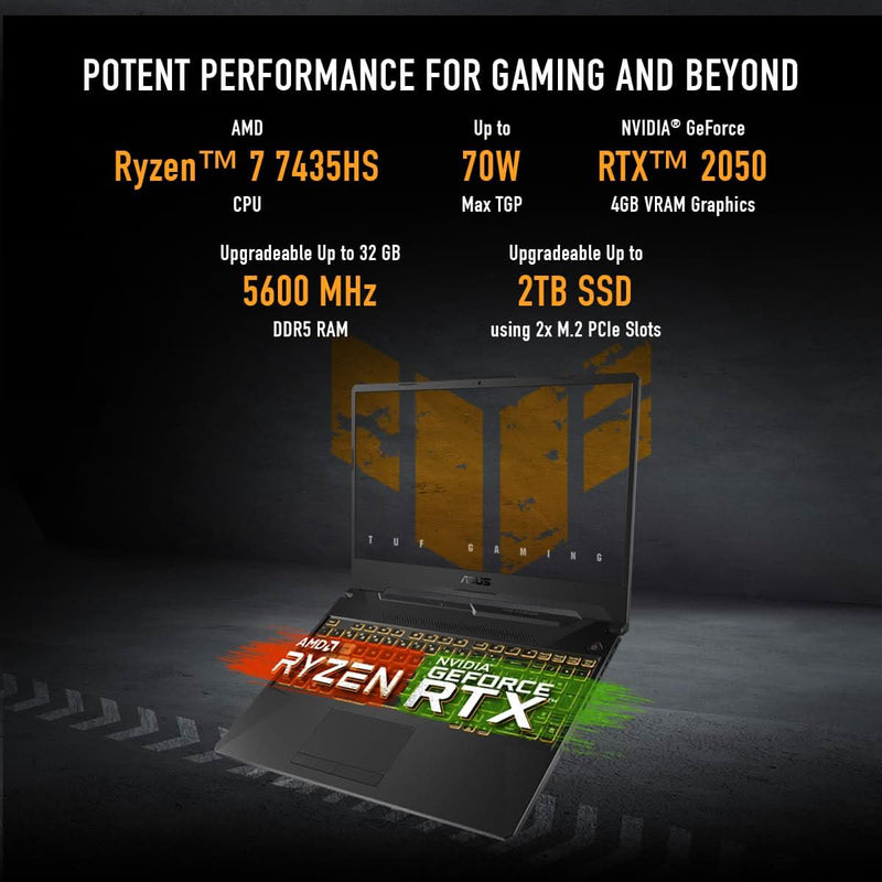 ASUS TUF GAMING A15, 15.6 INCH (39.62CM) FHD 16:9 144HZ, AMD RYZEN 7 7435HS, GAMING LAPTOP (16 DDR5/512GB SSD/NVIDIA GEFORCE RTX 2050/WINDOWS 11 HOME/GRAPHITE BLACK/2.30 KG), FA506NFR - HN045W - SWIFT PERIPHERALS1093710