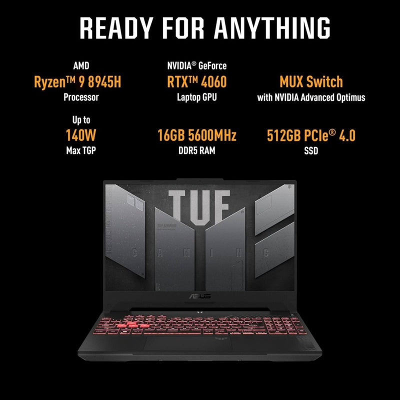 ASUS TUF GAMING A15, 15.6 INCH FHD 144HZ 250NITS, AMD RYZEN 9 8945H PROCESSOR, GAMING LAPTOP (16GB RAM/1TB SSD/NVIDIA GEFORCE RTX 4060/WINDOWS 11/OFFICE HOME/MECHA GRAY/2.2 KG), FA507UV - LP137WS - SWIFT PERIPHERALS90NR0I25-M00840