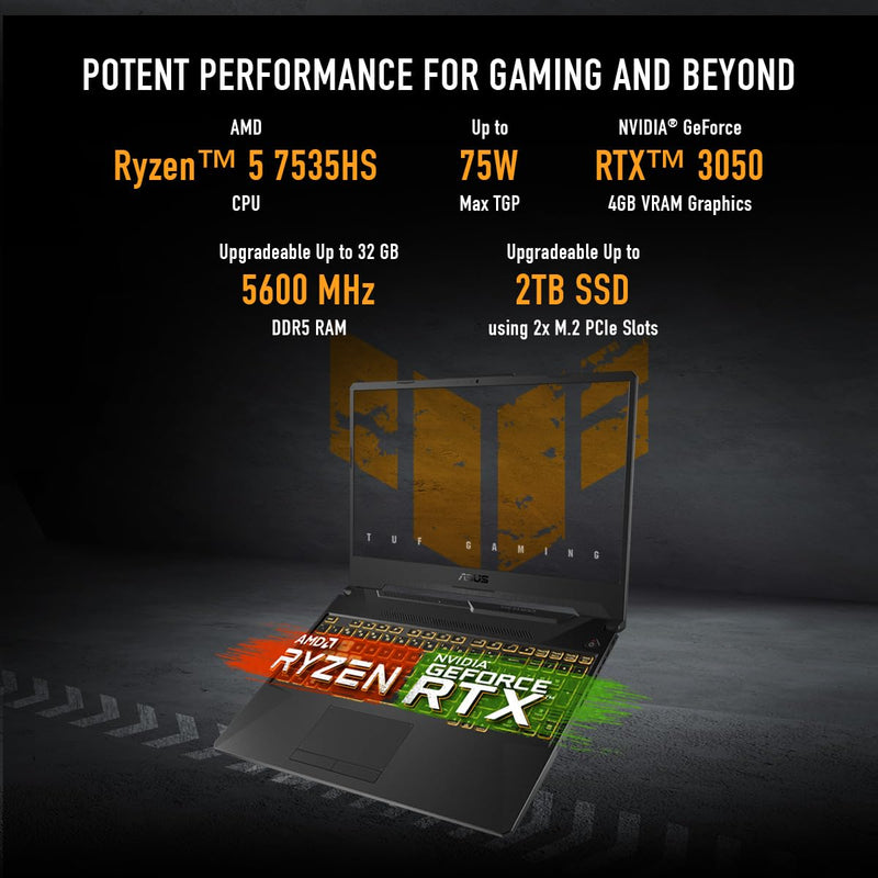 ASUS TUF GAMING A15, GAMING LAPTOP, AMD RYZEN 5 7535HS, RTX 3050 GPU (16GB/512GB/39.62 CMS (15.6) FHD/WINDOWS 11 HOME) FA566NC - HN083WS - SWIFT PERIPHERALS1090022