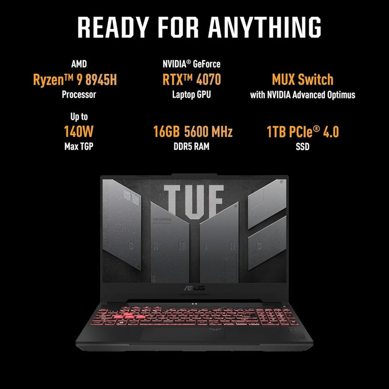 ASUS TUF GAMING A15, GAMING LAPTOP, AMD RYZEN 9 8945H, RTX 4070 GRPH (16GB/1TB/39.62 CMS (15.6) FHD/WIN 11 HOME) FA507UI - LP066WS - SWIFT PERIPHERALS90NR0I65-M003F0