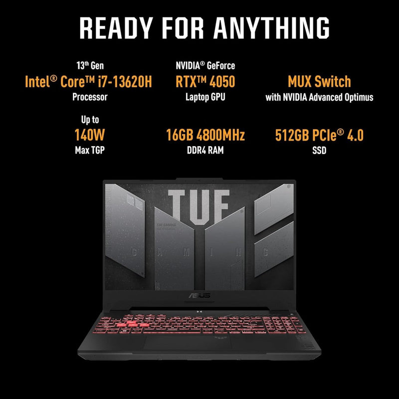 ASUS TUF GAMING F15, GAMING LAPTOP, 13TH GEN INTEL CORE I7 - 13620H, RTX 4050 GRPH (16GB/512GB/39.62 CMS (15.6) FHD/WIN 11 HOME) FX507VU - LP210W - SWIFT PERIPHERALS1091327