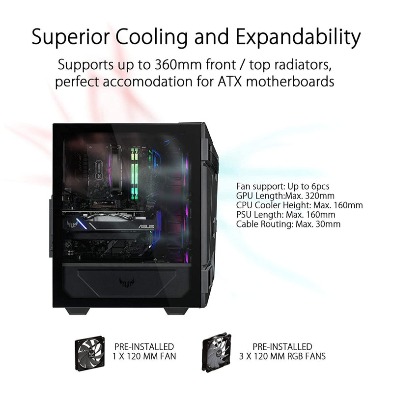 Asus TUF Gaming GT301 Mid - Tower Compact Case with 3 Pre - Installed 120mm Aura Sync ARGB Fans - SWIFT PERIPHERALSATCH-GT301